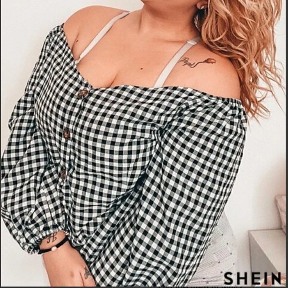 Shein Curve Women's Plus Size 5X Buffalo Plaid Bardot Blouse Black White Button